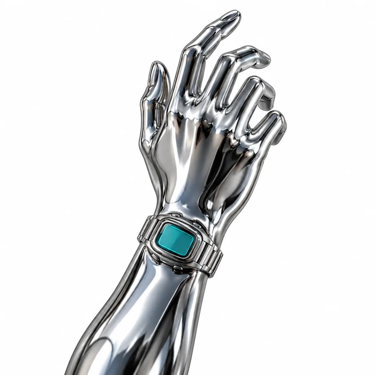 Chrome hand wearing a NOUGHT digital watch
